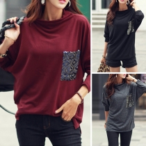 Fashion Solid Color Dolman Sleeve Sequin Spliced T-shirt 