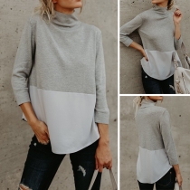 Fashion Contrast Color 3/4 Sleeve High Neck T-shirt 