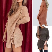 Fashion Solid Color Long Sleeve Round Neck Side Lace-up Sweater Dress