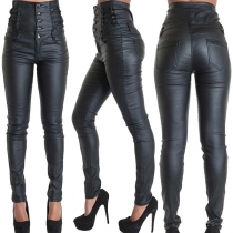 Fashion Solid Color Lace-up High Waist Slim Fit PU Leather Pants