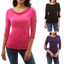 Chic Style Hollow Out 3/4 Sleeve Solid Color T-shirt 