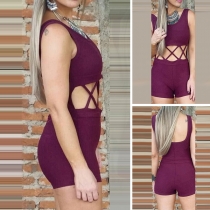 Sexy Backless Hollow Out High Waist Sleeveless Solid Color Romper