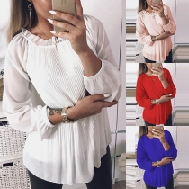 Fashion Solid Color Long Sleeve Ruffle Round Neck Chiffon Top