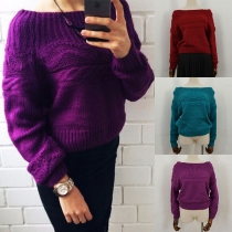 Sexy Off-shoulder Boat Neck Long Sleeve Solid Color Sweater