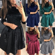 Elegant Solid Color 3/4 Sleeve Round Neck High Waist Dress