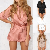 Sexy Deep V-neck Half Sleeve Ruffle Hem Solid Color Romper