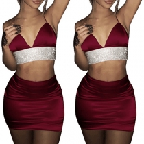 Sexy Sequin Spliced V Neckline Top + High Waist Skirt Two-piece Set 
