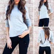 Sexy Backless Long Sleeve Mock Neck Solid Color Pullover Sweater