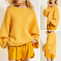 Fashion Solid Color Puff Sleeve Round Neck Pullover Sweater 