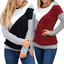 Fashion Contrast Color Long Sleeve Round Neck T-shirt 
