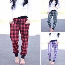 Fashion Drawstring Waist Loose Plaid Pants 