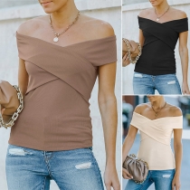 Sexy Off-shoulder Crossover Boat Neck Solid Color T-shirt