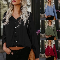 Fashion Solid Color Long Sleeve V-neck Loose Blouse