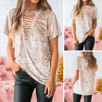 Sexy Hollow Out Lace-up V-neck Short Sleeve T-shirt 