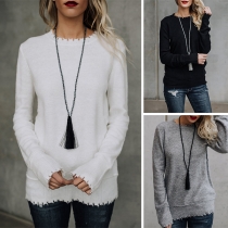 Fashion Solid Color Long Sleeve Round Neck Frayed Sweater