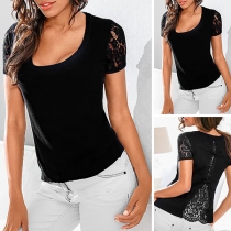 Sexy Lace Spliced Short Sleeve Round Neck Solid Color T-shirt   