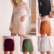 Fashion Solid Color High Waist Lace-up A-line Skirt 