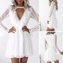 Sexy Deep V-neck Trumpet Sleeve Dots Printed Lace Spliced Dress