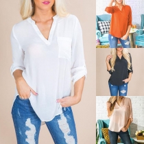 Fashion Solid Color Long Sleeve V-neck High-low Hem Chiffon Blouse