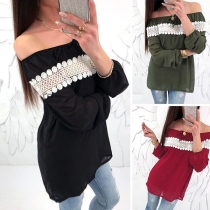 Sexy Off-shoulder Boat Neck Long Sleeve Lace Spliced Chiffon Top 