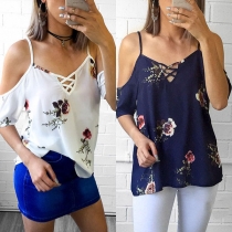 Sexy Off-shoulder Short Sleeve V-neck Printed Cami Top 