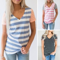 Fashion Short Sleeve V-neck Striped T-shirt 