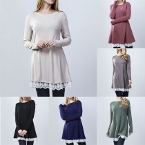 Fashion Solid Color Long Sleeve Round Neck Lace Spliced Hem Dress
