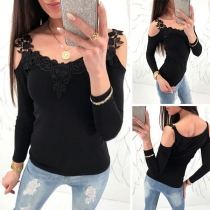 Sexy Off-shoulder Long Sleeve Solid Color Lace Spliced T-shirt