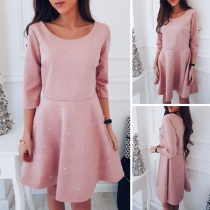 Sweet Style 3/4 Sleeve Round Neck Solid Color Beaded Dress