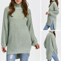 Fashion Solid Color Long Sleeve Turtleneck Slit Hem Sweater