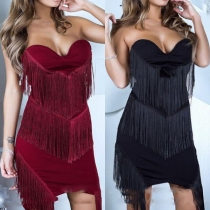 Sexy Strapless Solid Color Slim Fit Tassel Dress