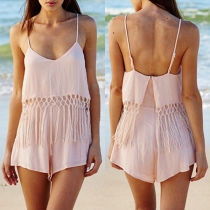 Sexy Backless Tassel Solid Color Sling Romper