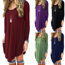 Fashion Solid Color Long Sleeve Round Neck Irregular Hem Dress