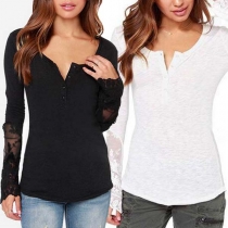 Sexy Lace Spliced Long Sleeve Round Neck Solid Color T-shirt