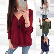 Sexy Crossover Backless Long Sleeve V-neck Solid Color Chiffon Top