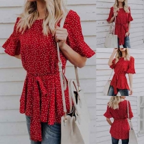 Fashion Dots Printed Trumpet Sleeve Round Neck Blouse with Waist Strap