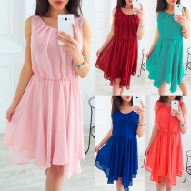 Fashion Solid Color Sleeveless Round Neck Irregular Hem Chiffon Dress