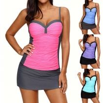 Sexy Backless Contrast Color Sling Top + Low-waist Skort Swimsuit Set