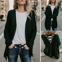 Fashion Solid Color Long Sleeve Back Lace-up Knit Cardigan 
