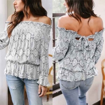 Sexy Off-shoulder Boat Neck Long Sleeve Printed Top 