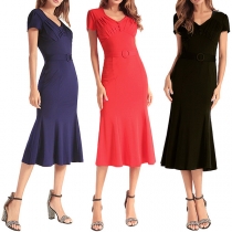 Elegant Solid Color Short Sleeve High Waist Dress