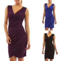 Elegant Solid Color Sleeveless V-neck Irregular Hem Dress