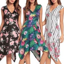 Fashion Sleeveless V-neck Irregular Hem Printed Dress