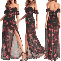 Sexy Off-shoulder Slit Hem High Waist Printed Chiffon Dress