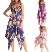 Sexy Backless V-neck Irregular Hem Printed Sling Dress  