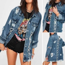 Chic Style Long Sleeve Ripped Lace-up Denim Coat 