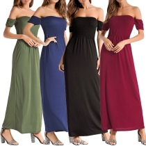 Sexy Off-shoulder Boat Neck High Waist Solid Color Party Dress