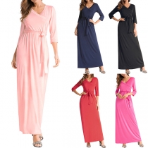 Elegant Solid Color 3/4 Sleeve V-neck High Waist Maxi Dress