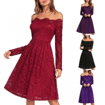 Sexy Off-shoulder Boat Neck Long Sleeve High Waist Lace Dress