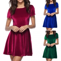 Fashion Solid Color Short Sleeve Round Neck High Waist Dress